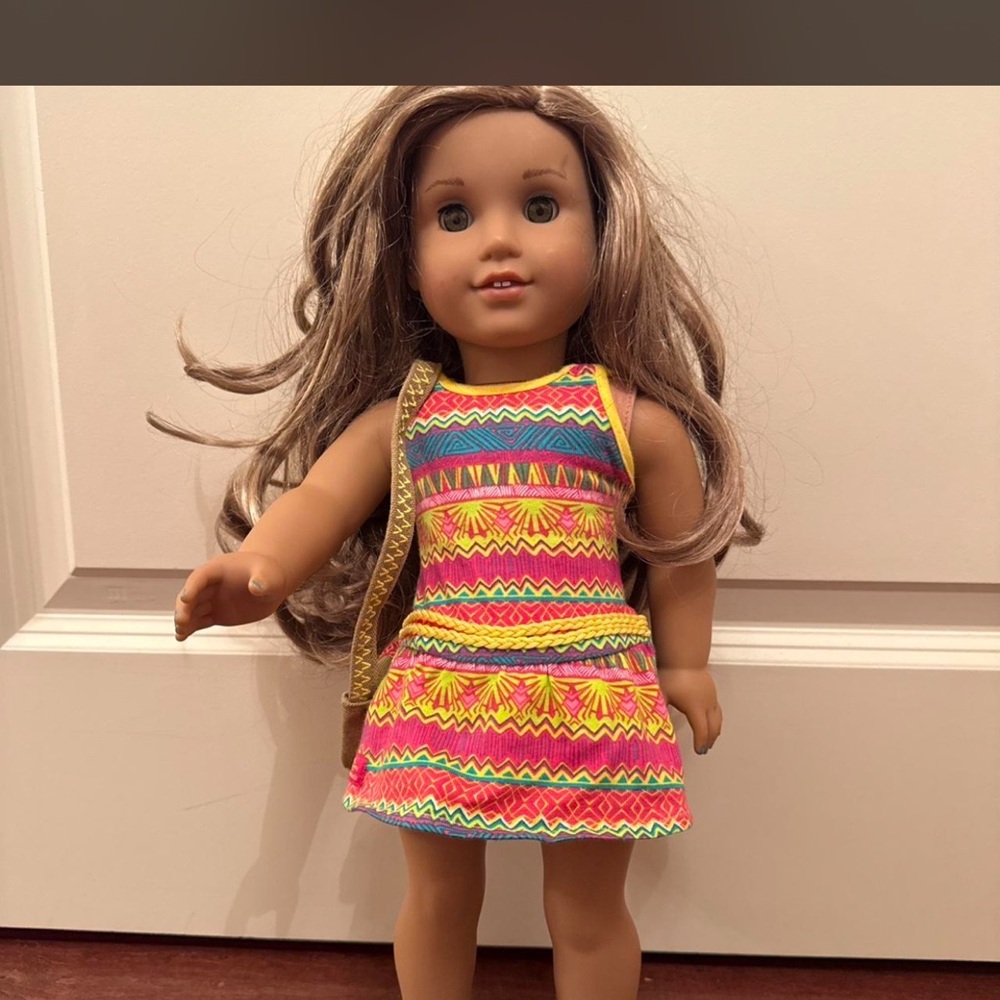 American Girl Doll Leah with Pink and Yellow Patterned Dress